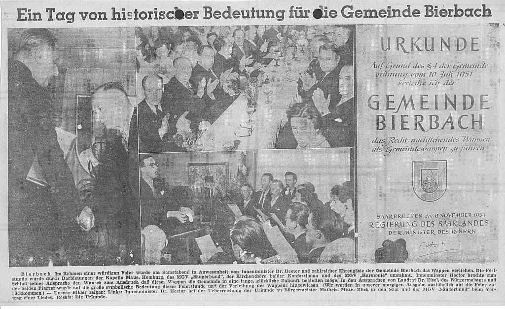 1954-12-11 Ein Tag von historischer Bedeutung fr die Gemeinde Bierbach - Wappenverleihung.jpg (201007 Byte)